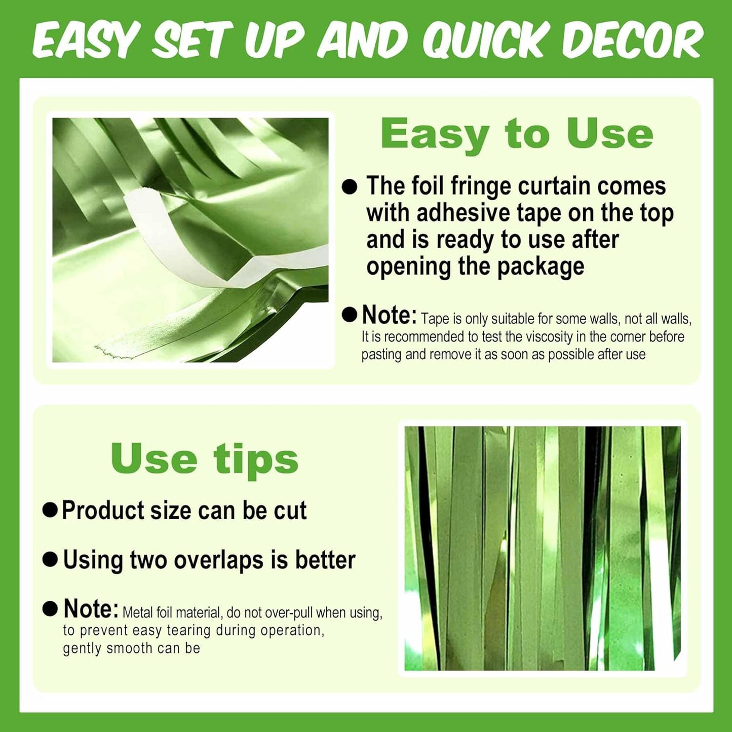 6 Pack Light Green Foil Fringe Curtains Backdrop, 3.28 x 8.2 Ft Metallic Streamers Tinsel Curtains Background for Photo Booth, Birthday, Weddings, Carnivals, Graduation, Themed Party Decorations