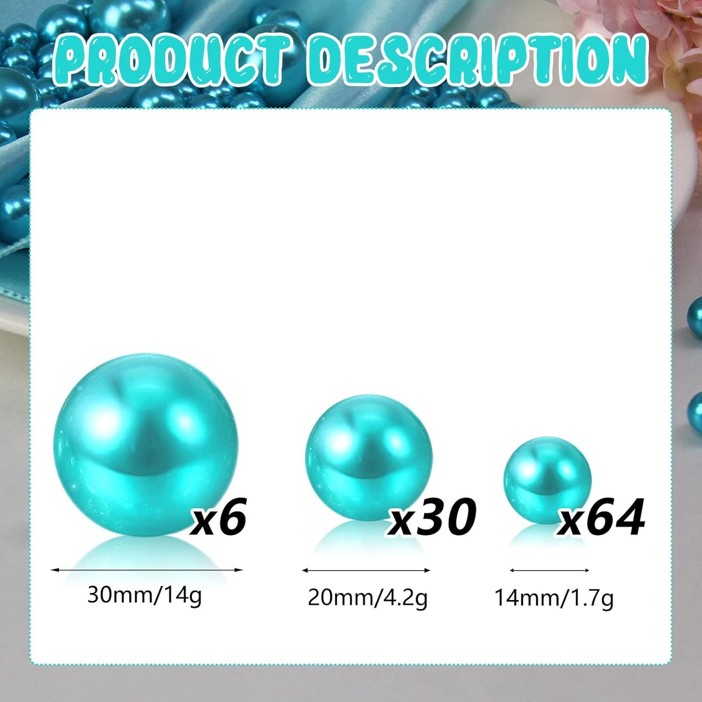 100PCS Teal Faux Pearls Beads for Centerpiece Vases, Vase Filler Faux Pearls, No Holes Filler Beads for Party Anniversary Birthday Wedding Table Decor, 14/20/30mm