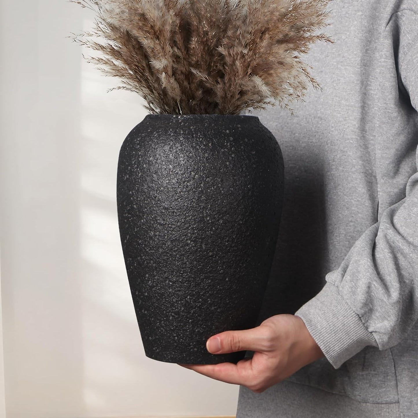 Large Rustic Vase for Flowers,10'' Black Farmhouse Ceramic Vases for Home Decor, Minimalist Decorative Tall Vase for Living Room, Entryway, Shelf, Premium Pottery Clay Table Centerpiece Decor