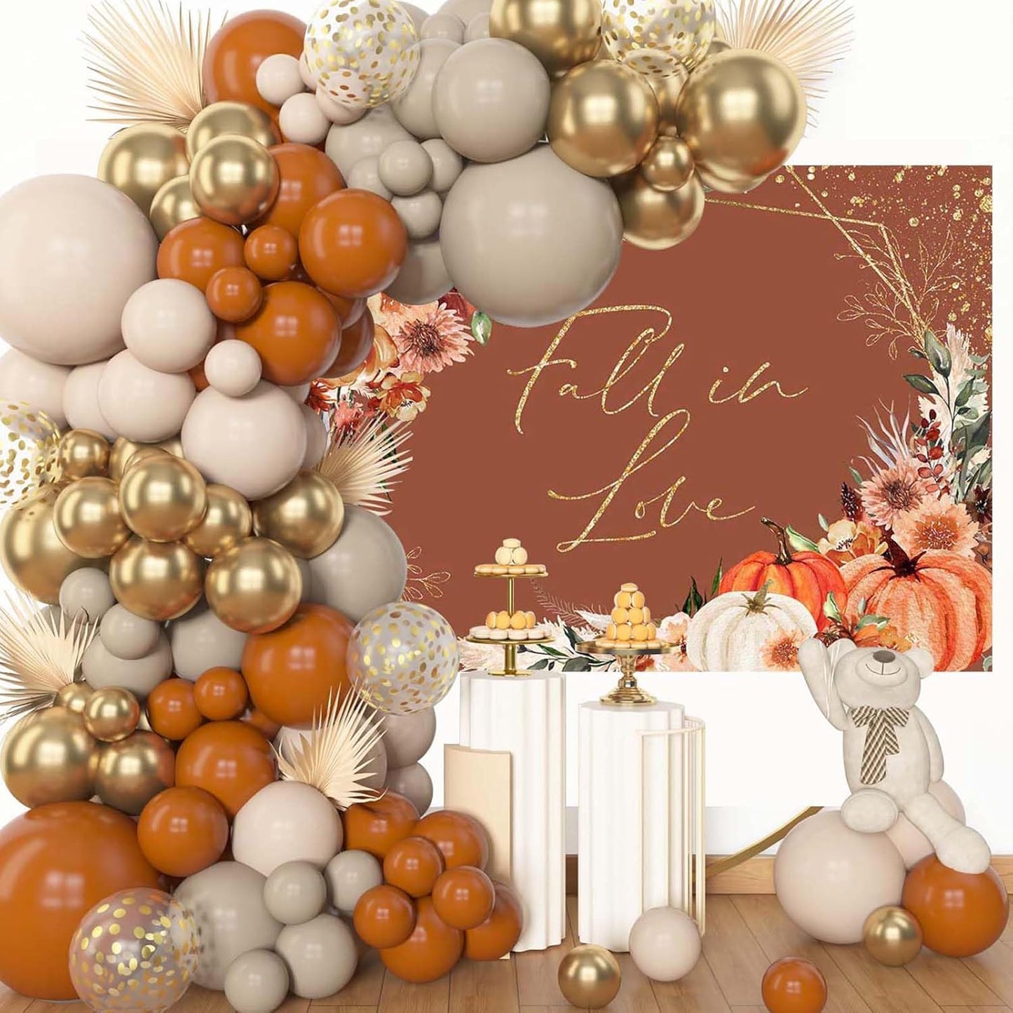 Mocsicka Fall in Love Bridal Shower Backdrop Boho Autumn Leaves Pumpkin Bride Shower Background Terracotta Flower Pampas Grass Wedding Party Banner Decoration (Terracotta, 8x6ft(96''x72''))