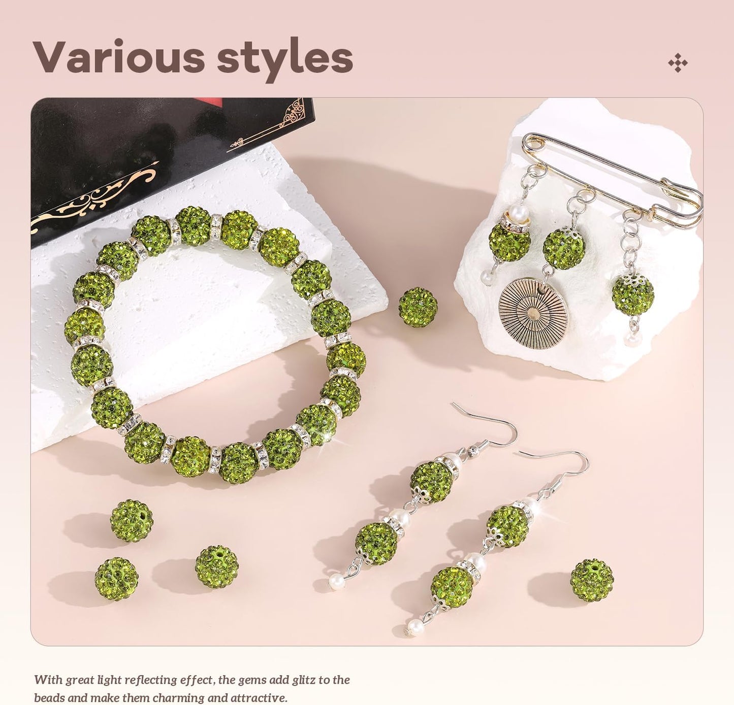 200pcs 10mm Rhinestone Beads for Jewelry Making, Olivine Shiny Round Disco Ball Beads Bulk, Sparkle Crystal Clay Christmas for Bracelet Baseball Necklace Earring Crafting and DIY