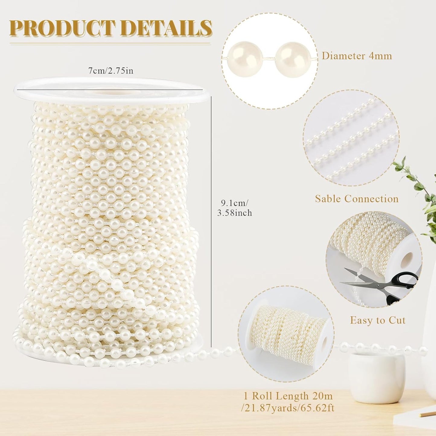 4mm Faux Pearl Beads String Garland Pearls for Crafting Bead Roll Strand for Wedding Party Christmas Tree Decorations, 66 Feet, Ivory