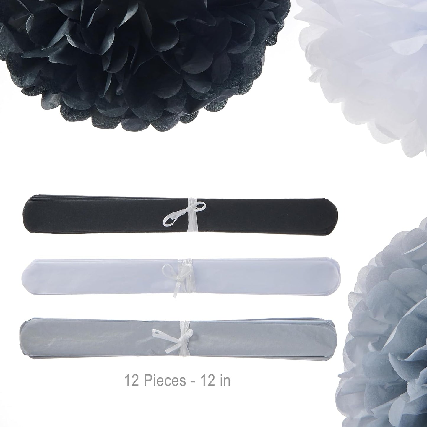 Tissue Pom Poms Tissue Paper Flowers Tissue Fluff Balls Party Decorations 12-Inch Pack of 12 (Black, White, Silver)