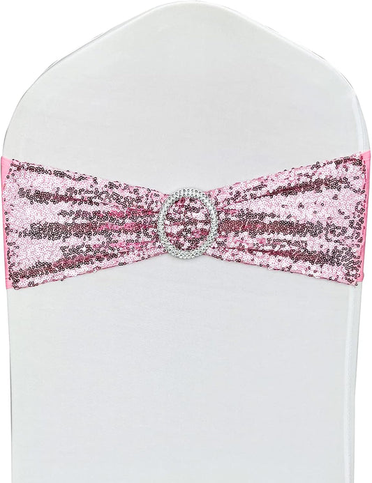 10 Pcs Chair Sashes Sequin Stretch Chair Bands Spandex Polyester Bows for Party Hotel Wedding Banquets Decoration - Pink