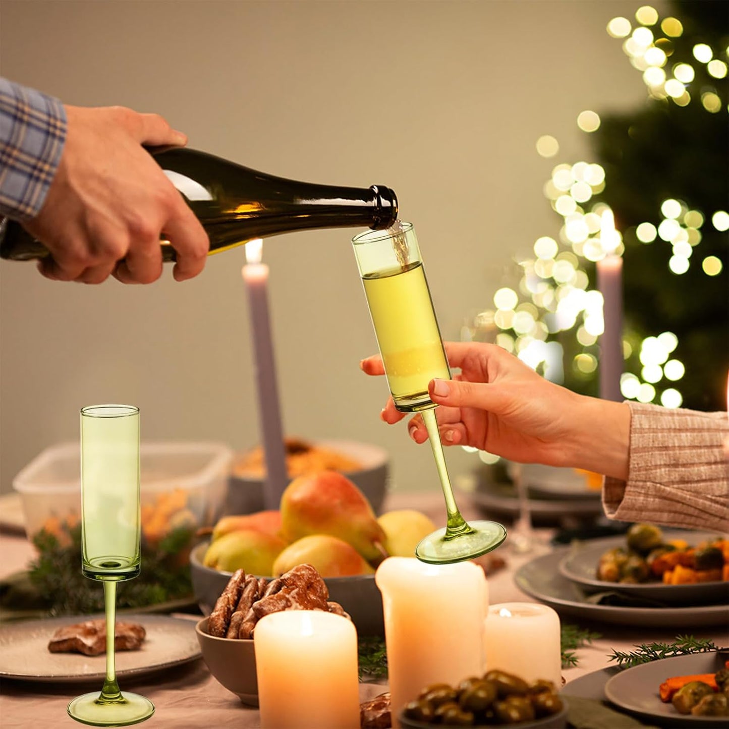 6 Pieces Green Champagne Flutes 6 OZ Straight Sided Wine Glasses Champagne Long Stem Drinking Colored Glasses,Set of 6 Hand Blown Champagne Flutes Goblets for Wedding Cocktail Cups,Cava, Prosecco