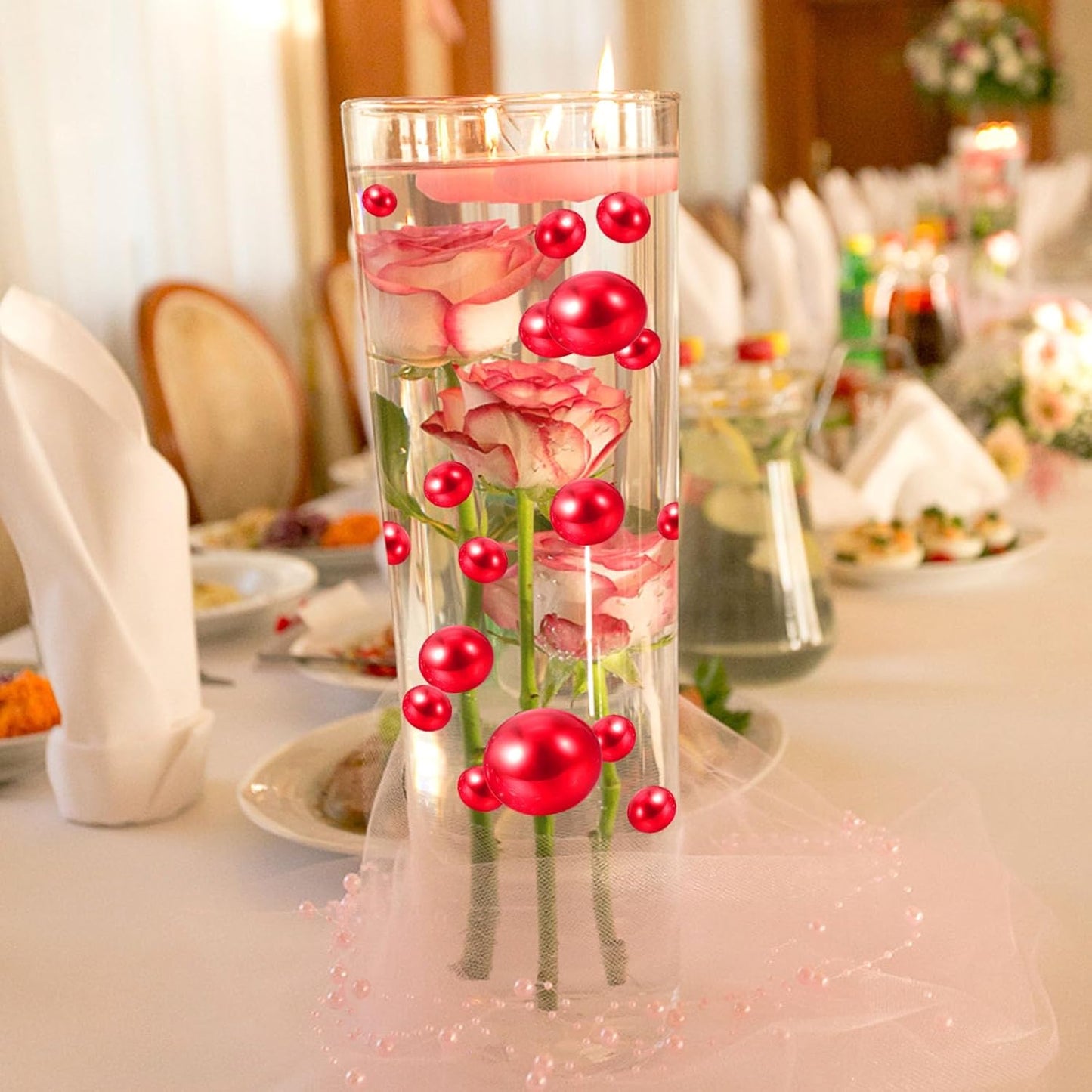 100PCS Watermelon Red Faux Pearls Beads for Centerpiece Vases, Vase Filler Faux Pearls, No Holes Filler Beads for Party Anniversary Birthday Wedding Table Decor, 14/20/30mm