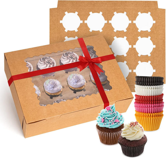 Rarapop 25 Pack Cupcake Boxes Hold 12 Standard Cupcakes, Food Grade Cupcake Holders Bakery Carrier Boxes with Windows and Inserts for Cupcakes, Muffins and Pastries