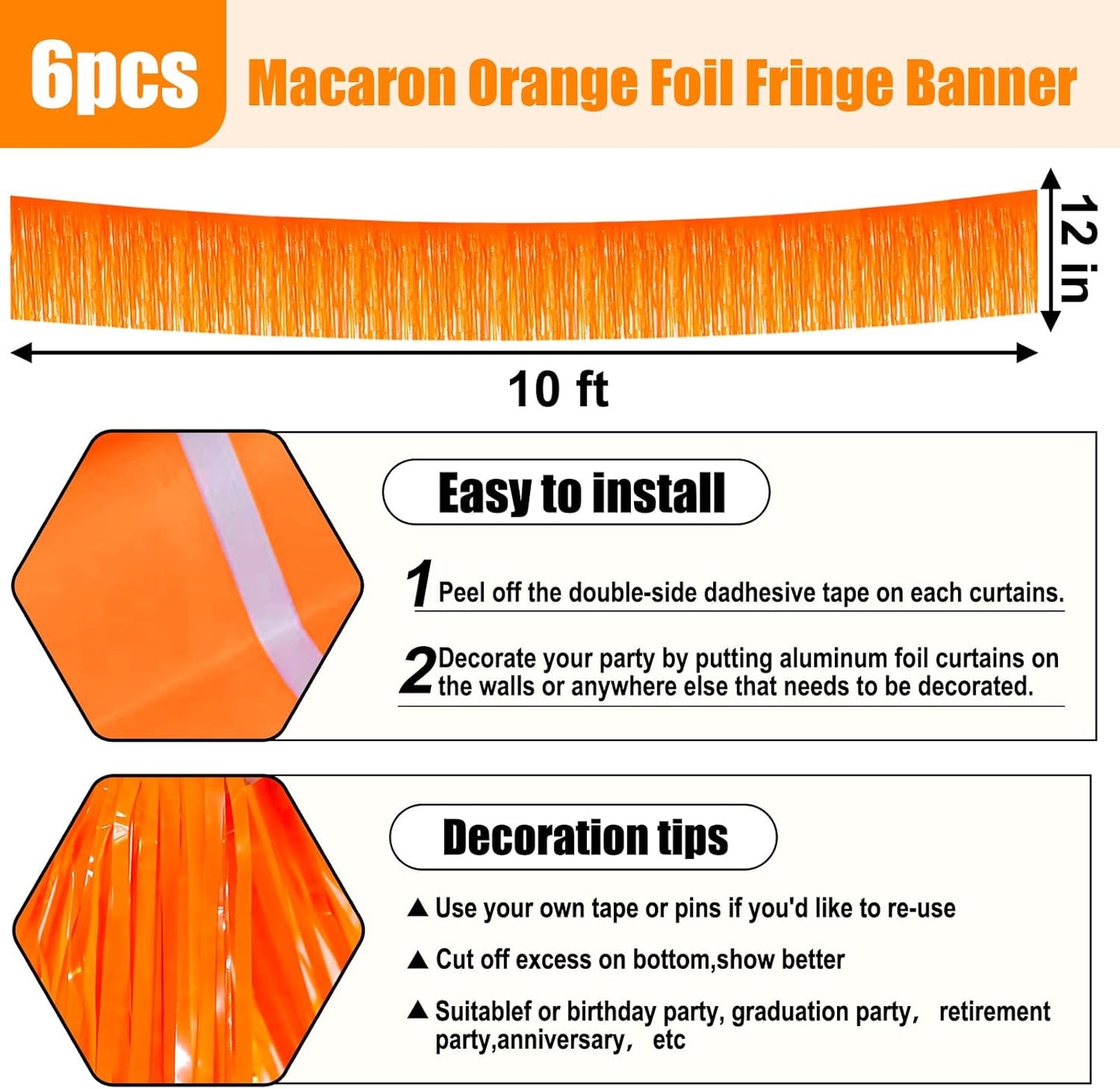 6 Pack 10 Feet Macaron Orange Foil Fringe Garland Metallic Tinsel Streamers Banner Wall Hanging Curtain Backdrop for Parade Floats, Birthday, Graduate, Mother's Day, Wedding Party Decoration