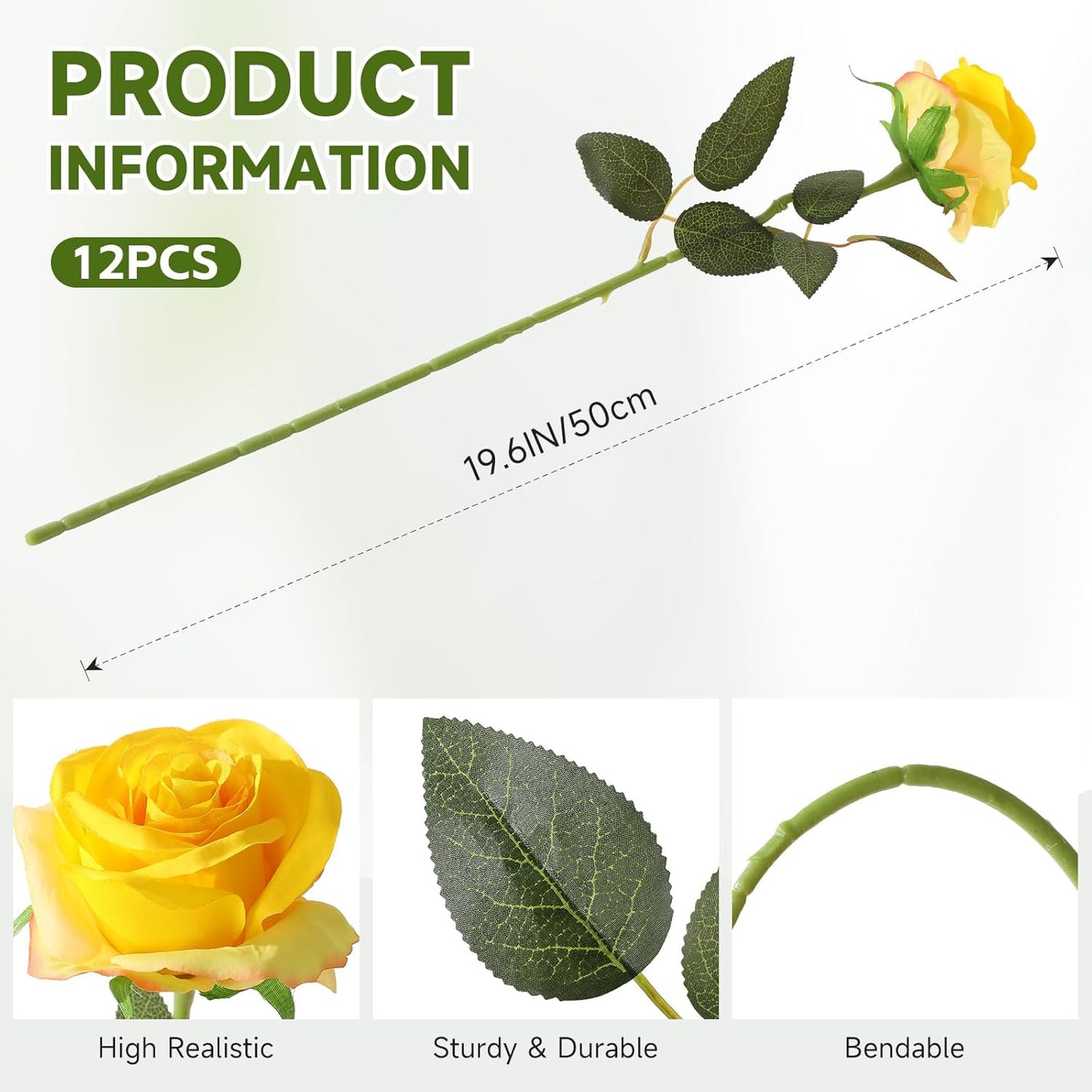 Tifuly Yellow Roses Artificial Flowers -12 pcs Realistic Single Long Stem Fake Silk Roses Bouquet for Party Home Wedding Centerpiece Office DIY Decor