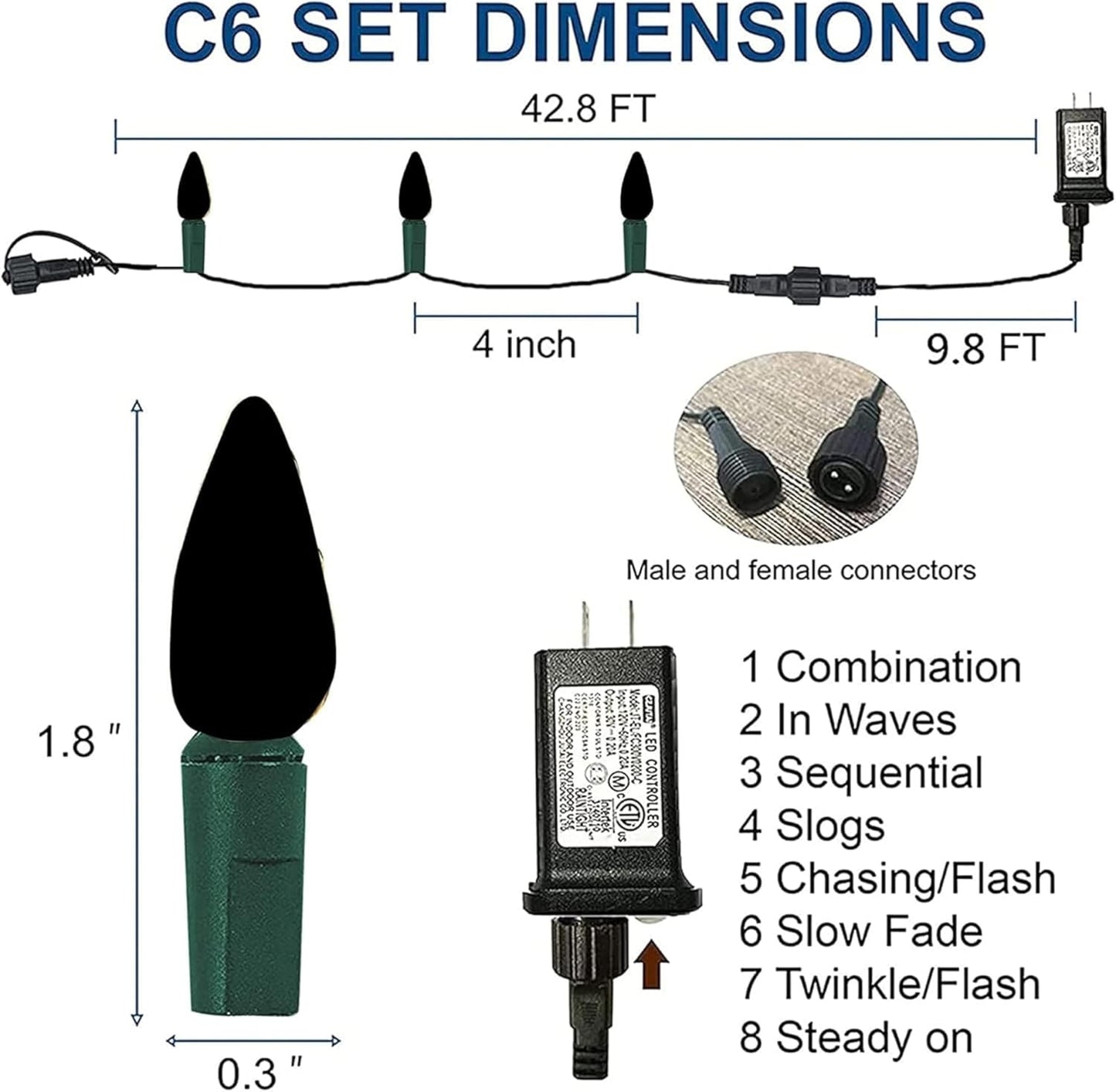 Dazzle Bright C6 Christmas String Lights, 100 LED 33 FT Waterproof Connectable Green Wire Fairy Lights, 8 Modes Christmas Lights for Indoor Outdoor Home Garden Yard Xmas Tree Decorations (Yellow)