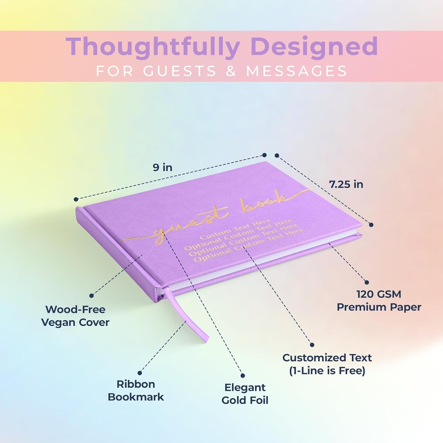 Promot Personalized Guestbook for Party (Lavender Purple) - 110 Lined Pages in Wood-Free Vegan Leather Hard Cover - Wedding Guest Book Sign in and Photos, Baby Shower, Birthday or Graduation