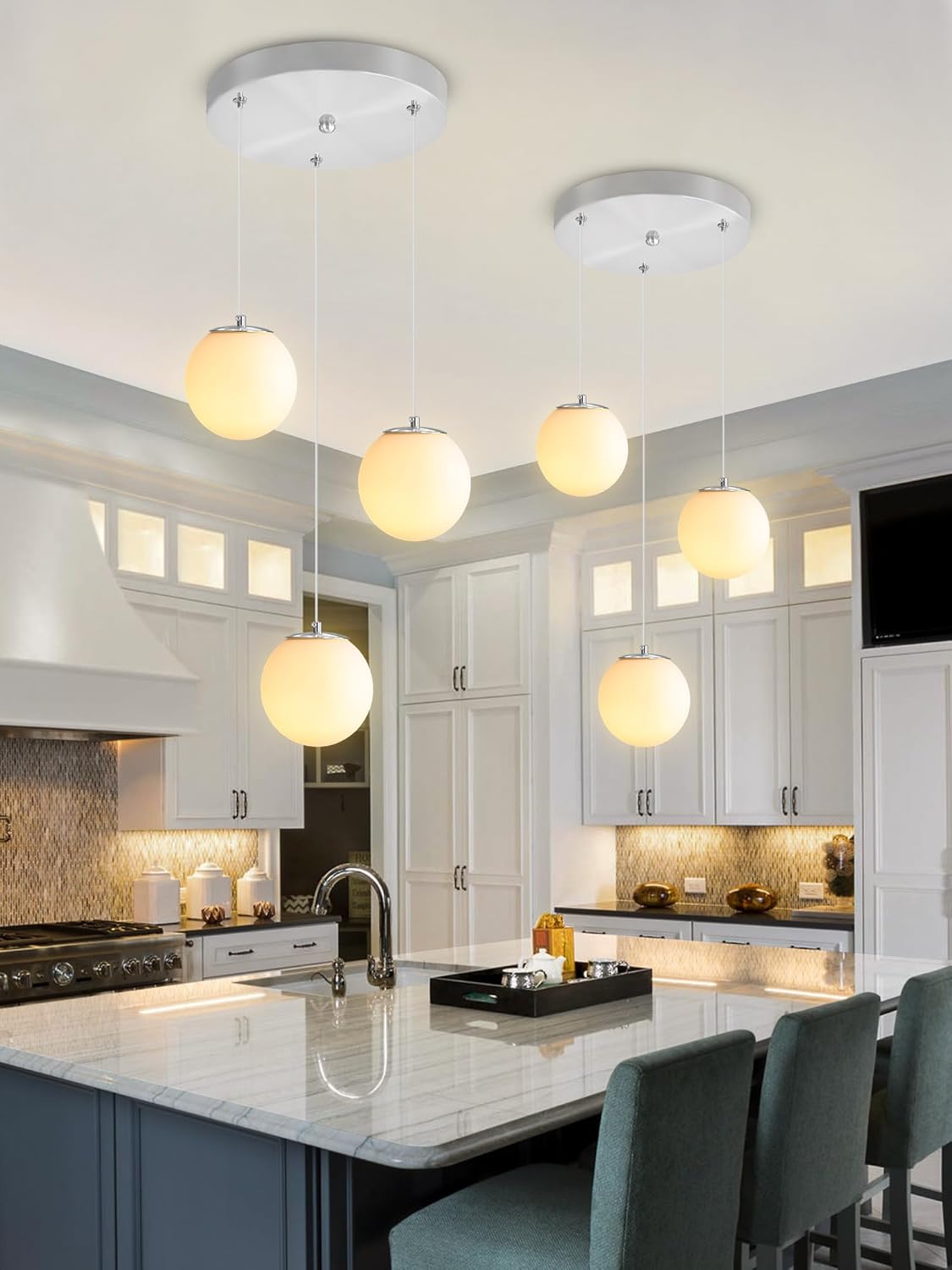 Globe Glass Pendant Light Modern Silver White Globe Glass Chandelier Mid Century Chandelier 3-Light Hanging Fixture for Kitchen Island Foyer Hallway Dining Room