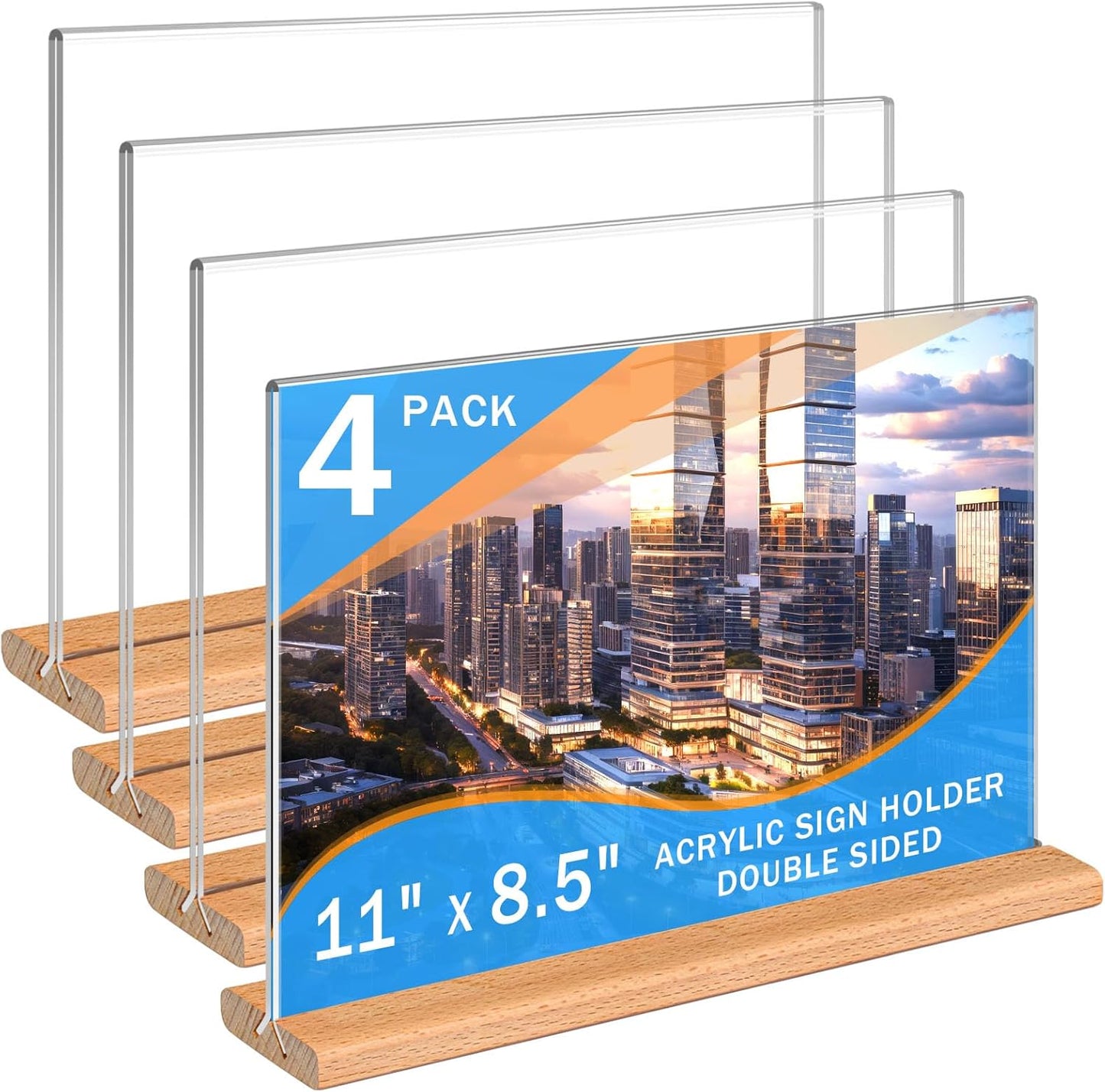 Kersally Acrylic Sign Holder 11 x 8.5'', 4 Pack Double-Sided Clear Table Display Stands with Wood Base,Horizontal Acrylic Frame Menu Flyer Paper Holder for Store, Restaurant, Hotel, Office, Show Fair