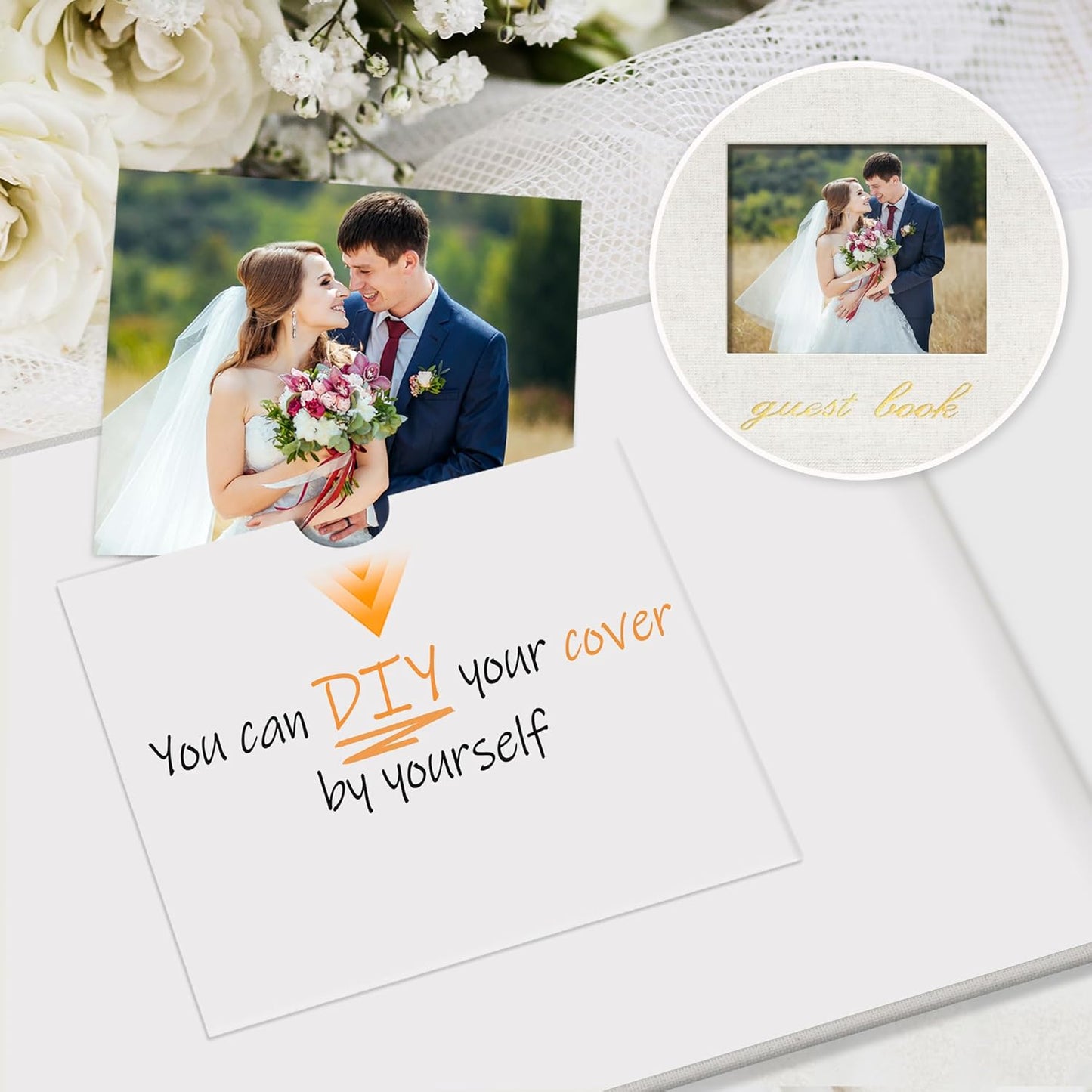 SUNEE Wedding Guest Book - Polaroid Guest Book Weddings Reception, Linen Cover 7" x 9" Guest Book for Baby Shower, Birthdays and Special Events, 100 Blank Pages for Wedding Sign in and Photos, Beige