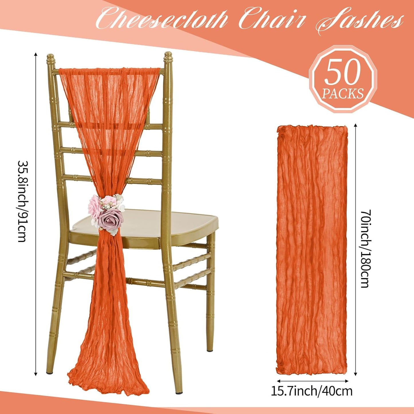 50 PCS Cheesecloth Chair Sashes, Bows Designed ChairSashes, 15.7x70 inch Chair Sashes for Aisle Decorations Universal Chairs Cover Decoration for Wedding Reception Party Banquet (Burnt Orange)