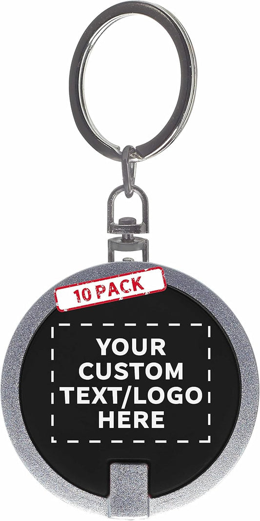 DISCOUNT PROMOS 10 Round LED Keychains - Customizable Text, Logo - Battery included, Plastic - Black
