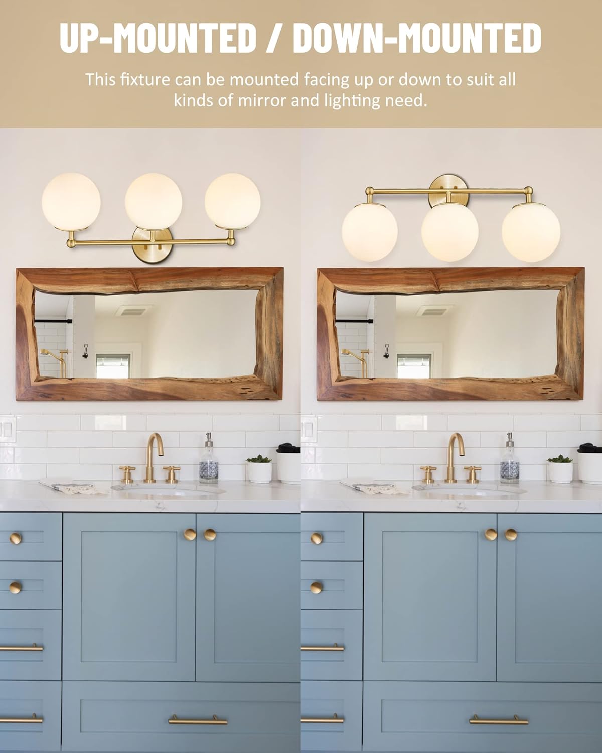 Gold Vanity Light for Bathroom, Modern Bathroom Light Fixtures Over Mirror Brushed Gold Vanity Lights 3-Light Wall Sconce with Milky Glass Globe Shade for Mirror Living Room Bedroom Hallway