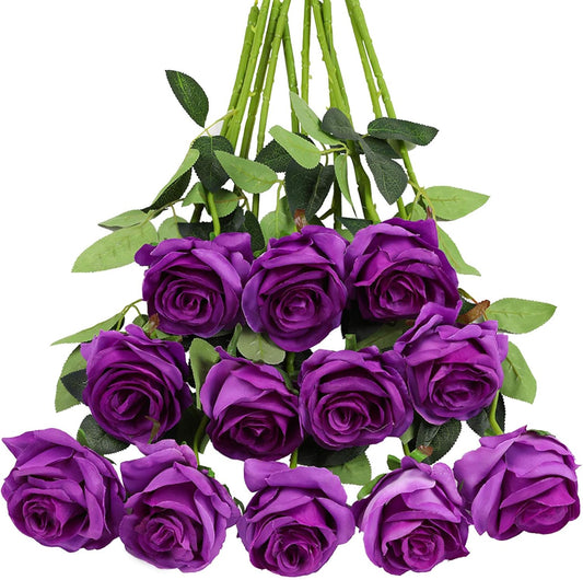Tifuly Purple Roses Artificial Flowers - 12 pcs Realistic Single Long Stem Fake Silk Roses Bouquet for Party Home Wedding Centerpiece Office DIY Decor
