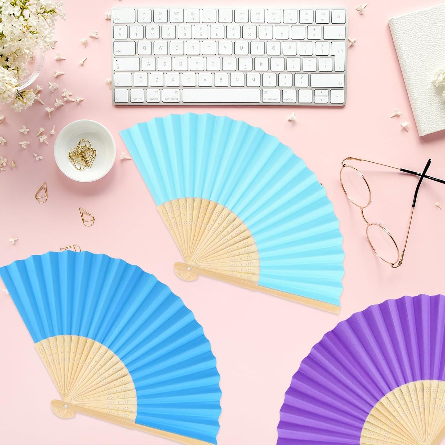 12 Pieces Hand Held Bamboo Folding Fans Paper Fans Handheld for Women Foldable Girls Wedding Decoration Church Home Party Favors Summer (Multicolor)