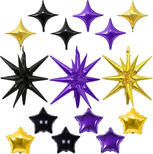 Star Balloons, 22in Purple Black and Gold Star Balloons Foil 10in 4-Pointed & Pentagram Balloon for Graduation Halloween New Year Birthday Party Decorations