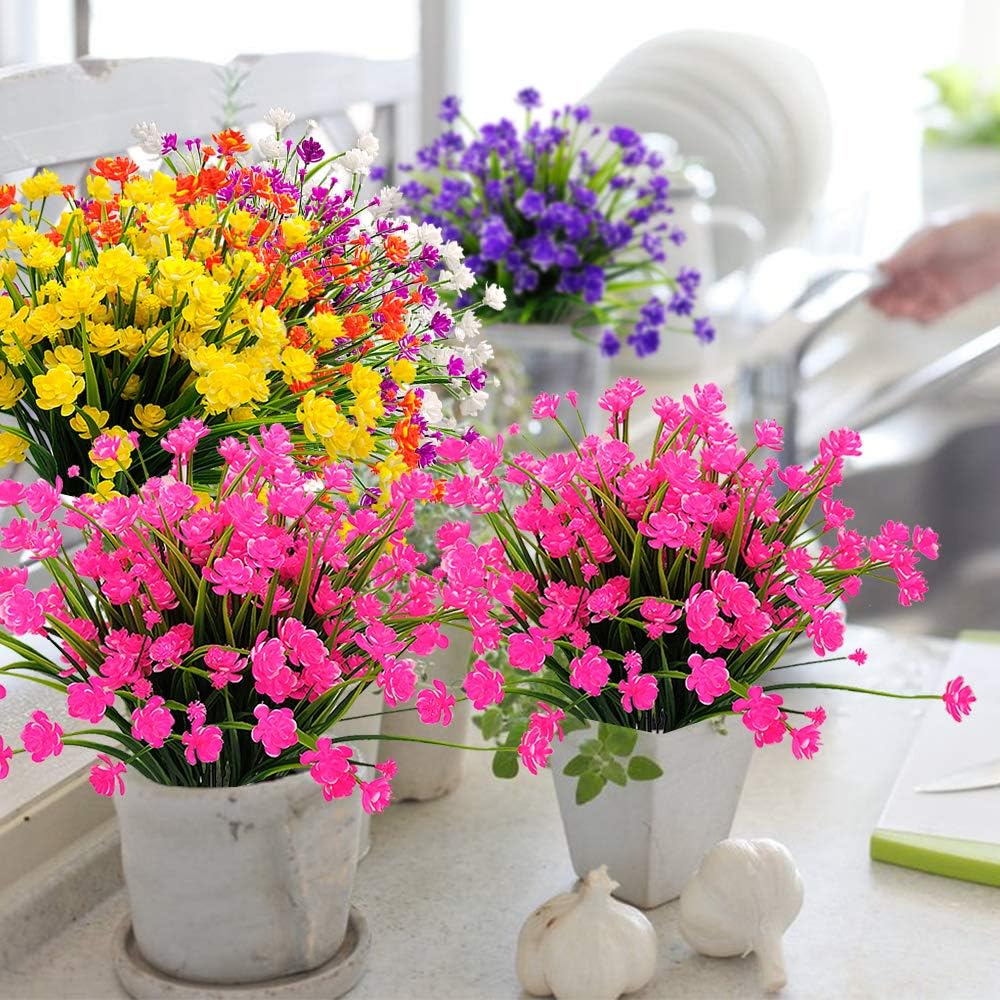 Artificial Flowers Outdoor UV Resistant Fake Plants Indoor Outside Hanging Planter Home Garden Decor, 10 Bundles (Pink)