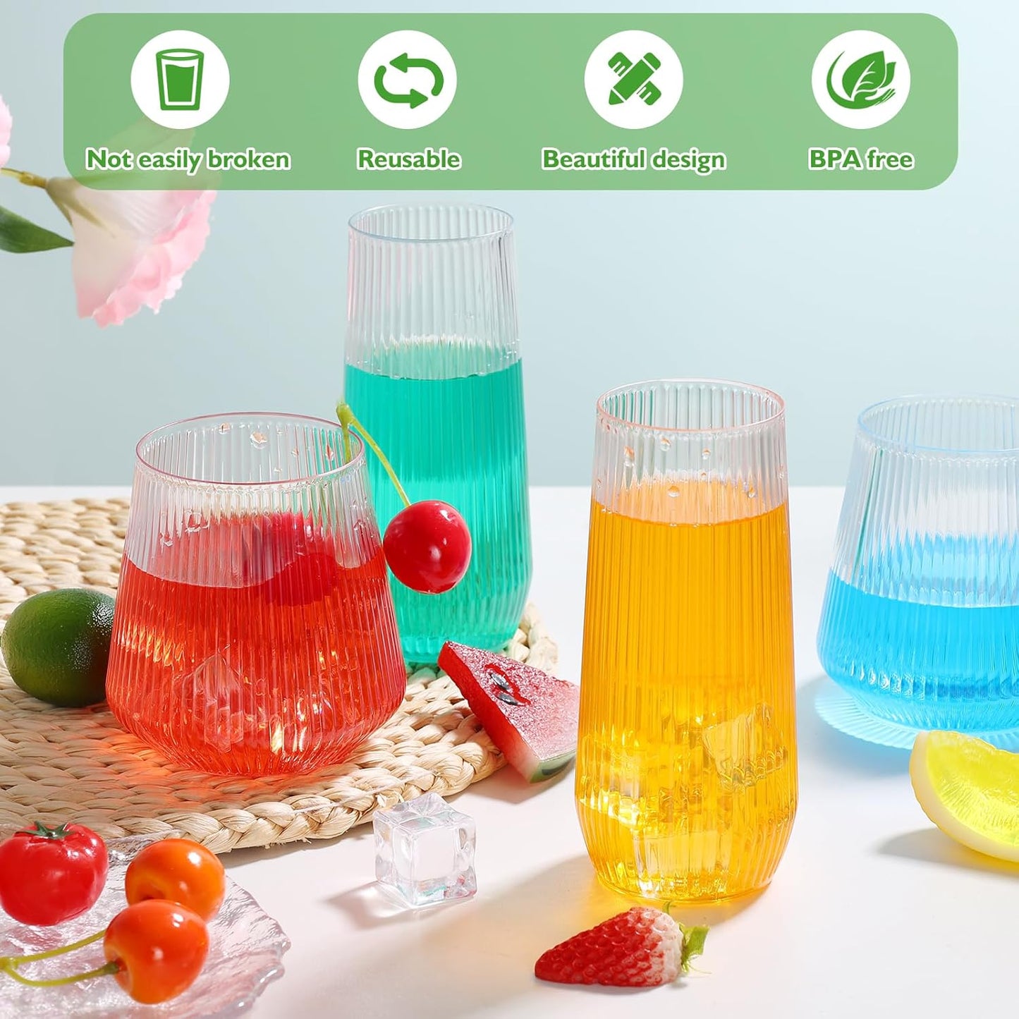 mwellewm 48 Pcs Plastic Wine Glasses Disposable Ribbed Cocktail Cups Set 9 OZ Stemless Champagne Flutes 12 OZ Origami Shatterproof Reusable Clear Party Cup for Wedding Home Office Bar Drinking