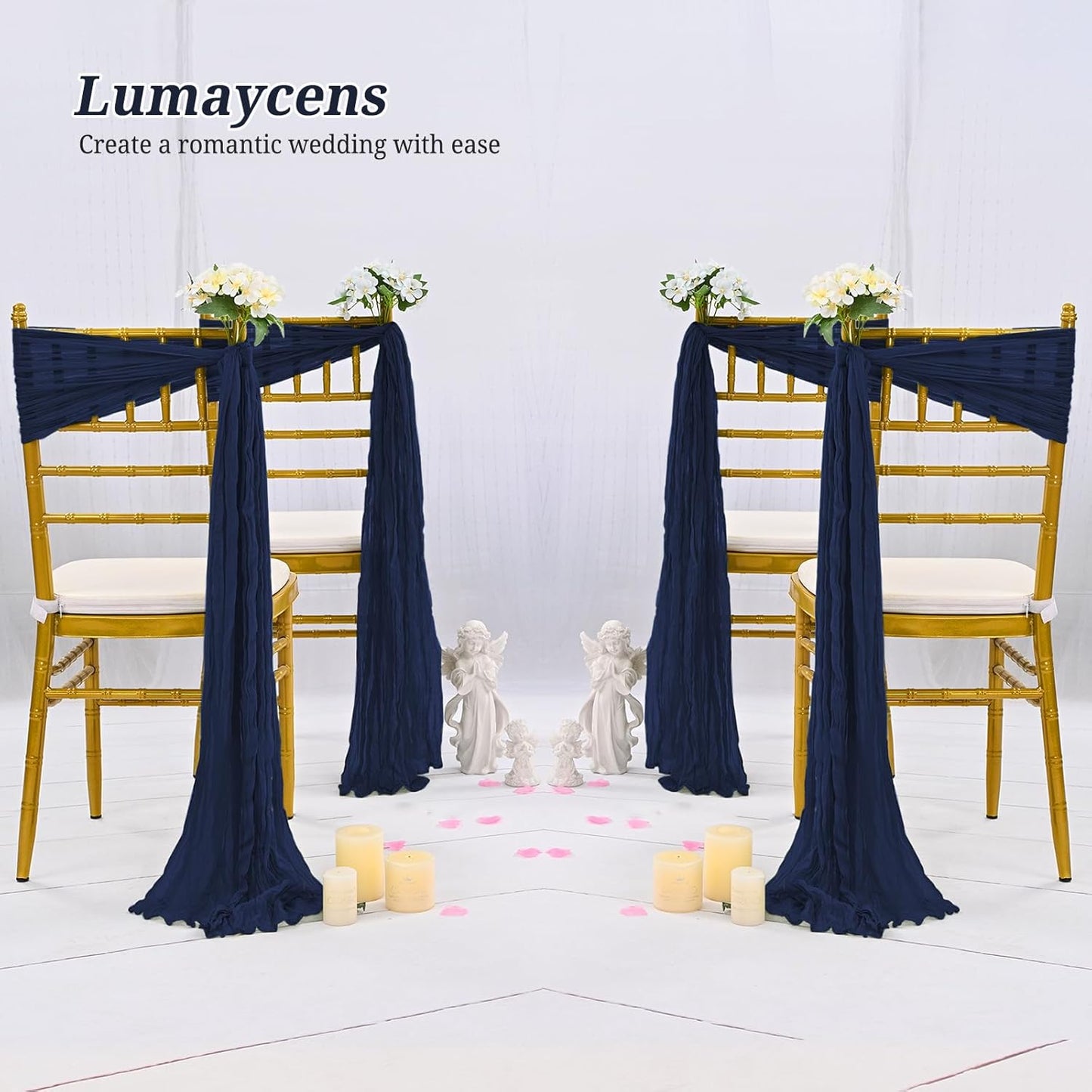50 PCS Cheesecloth Chair Sashes Bows Wedding Aisle Decorations Chair Ribbon Ties Back Sash for Wedding Party Events Banquet Chair Cover Decoration (Navy Blue)