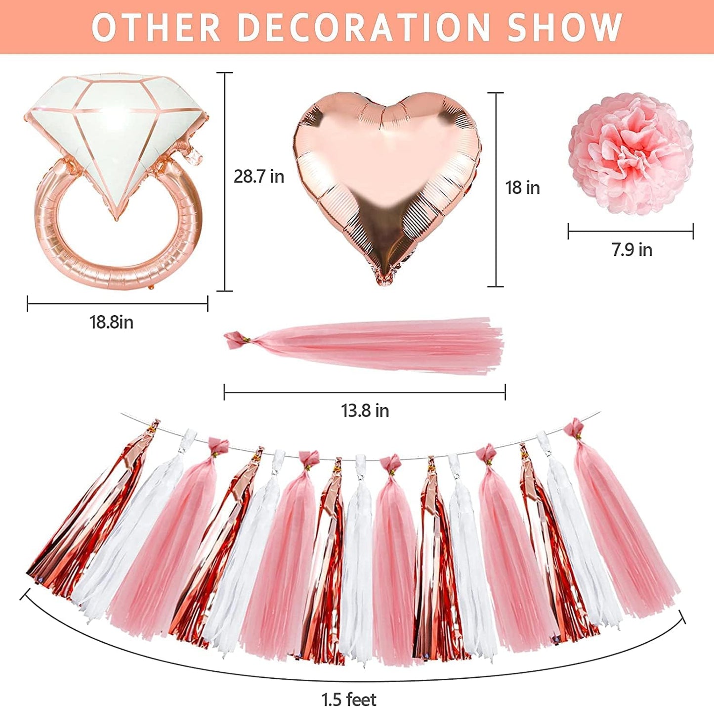 Bridal Shower Decorations - Rose Gold Party Decorations with Wifey for Lifey Banner, Bride Foil Balloon, Diamond Ring Balloon, Paper Pom Poms, Tassel Party Supplies