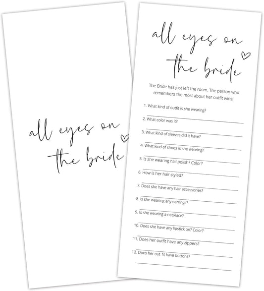 Bridal Shower Games, All Eyes On The Bride, 25Pcs 4x9inch Minimalist White Double-Sided Bridal Game Cards, Wedding Shower Games for Guests, Engagement Bachelorette Party Supplies - A20