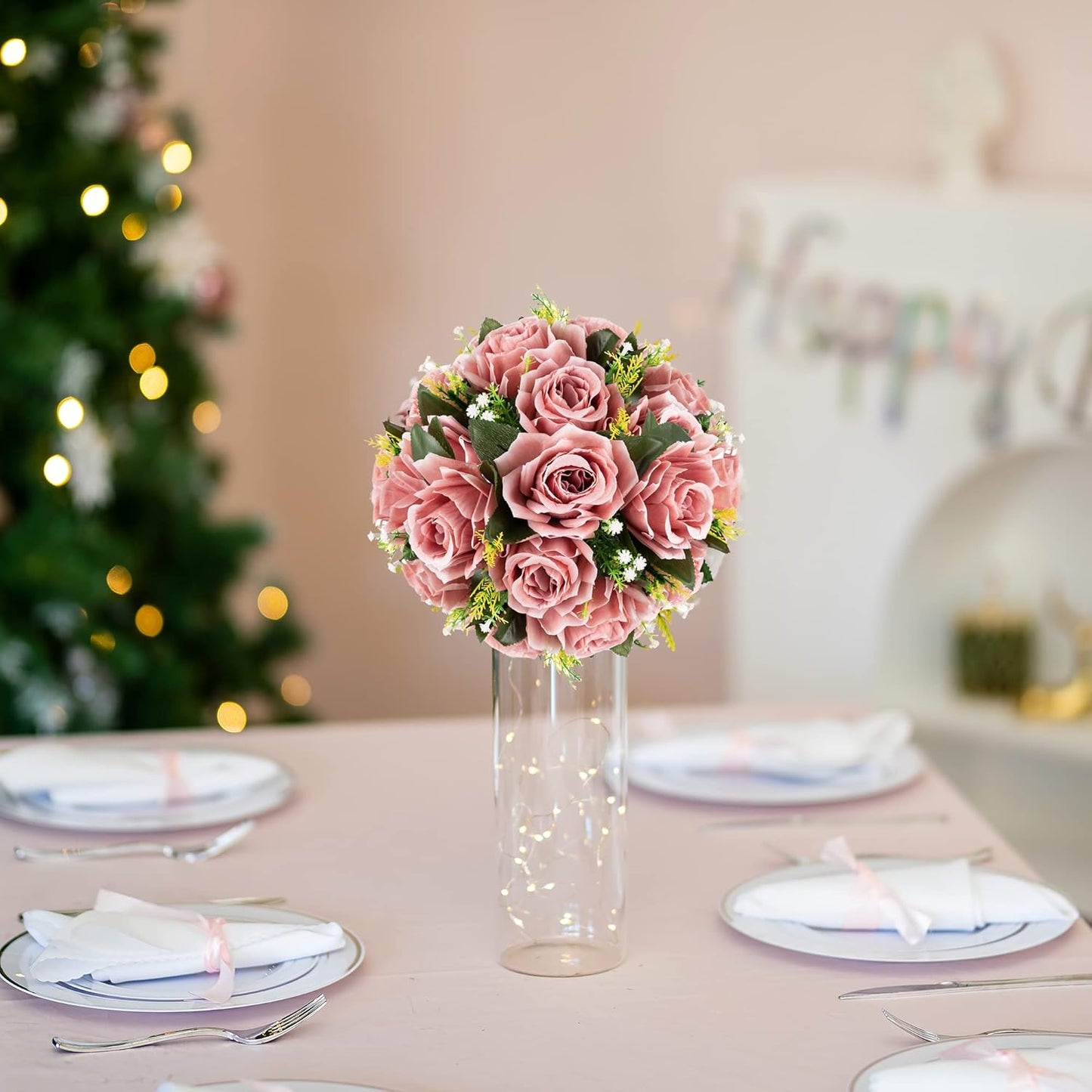 BLOSMON Dusty Pink Flowers Centerpieces: 2 Pcs Artificial Roses Flowers Balls for Wedding Dinning Table - Fake Silk Kissing Floral Arrangement for Home Party Event Decor