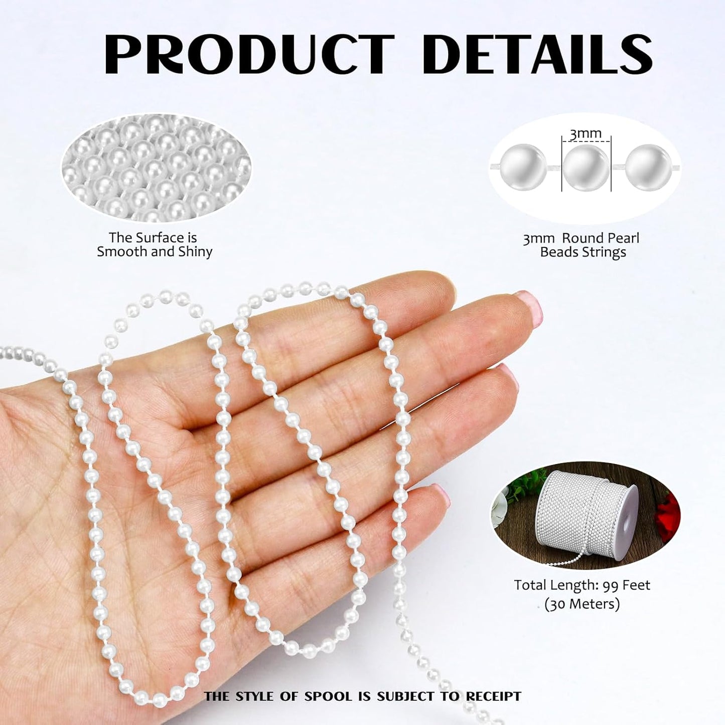 99 Feet 3mm Pearl Strings for Crafts, Artificial Pearl Beaded Garland Trim Chain Strands for Wedding Centerpieces Party Decoration Christmas Tree Garland, White