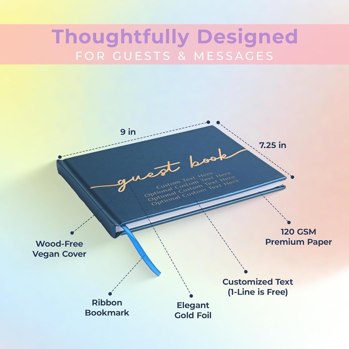 Promot Personalized Guestbook for Party (Sapphire Blue) - 110 Lined Pages in Wood-Free Vegan Leather Hard Cover - Wedding Guest Book Sign in and Photos, Baby Shower, Birthday or Graduation