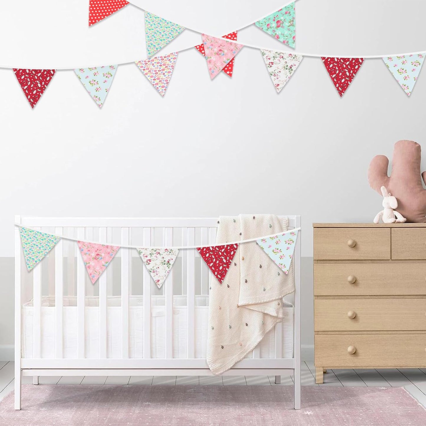 jijAcraft 39Ft Triangle Bunting Banner, 42Pcs Tea Floral Party Bunting Cotton Fabric Flags Pennant Garlands for Birthday Party, Wedding, Baby Shower, Outdoor and Home Decoration(Red Blue and White)