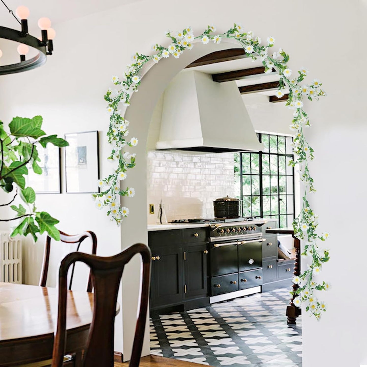 2 Pack White Flower Garland Artificial Daisy Silk Wildflower Hanging Flowers Fake Floral Vines Garland for Table Decoration Backdrop Wall Home Party Wedding Indoor Outdoor DIY Cemetery Decor