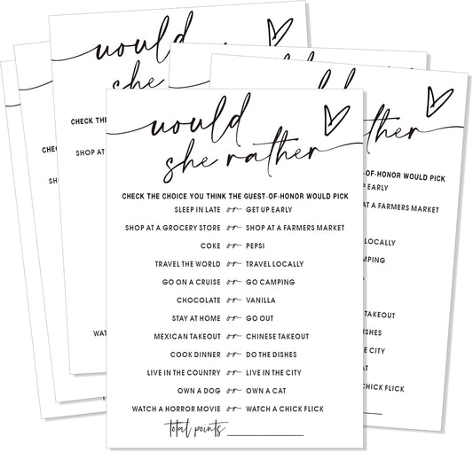 Fun Bridal Shower Games Set 25 Wedding Games Cards, Would She Rather Bridal Shower Game for 25 Guests Engagement Party Wedding Entertainment, Minimalist Newlywed Party Supplies - A11