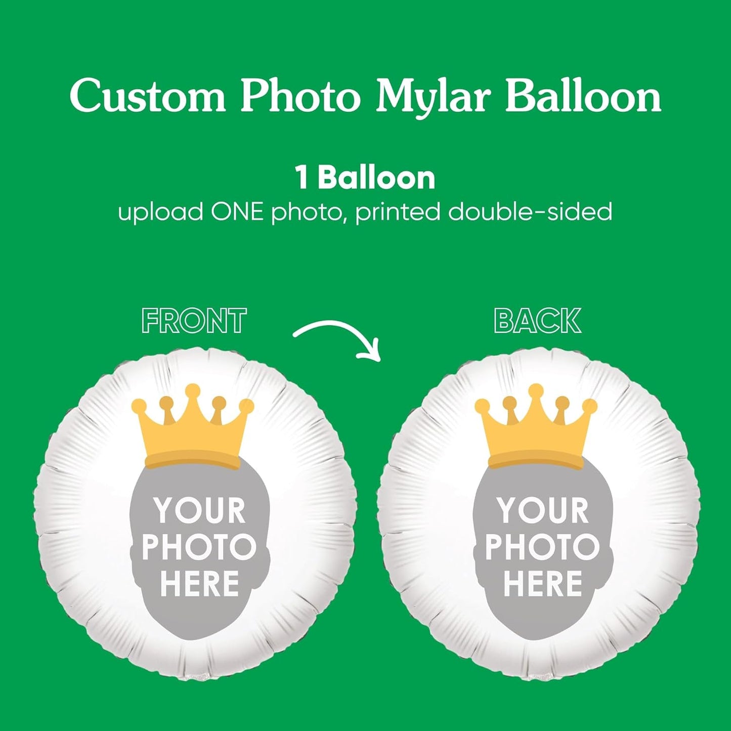 Big Dot of Happiness Personalized Crown Fun Face Photo Balloon, Kids Royal or Princess Birthday Party Decorations, Custom Double-Sided Circle Mylar, 1 Piece
