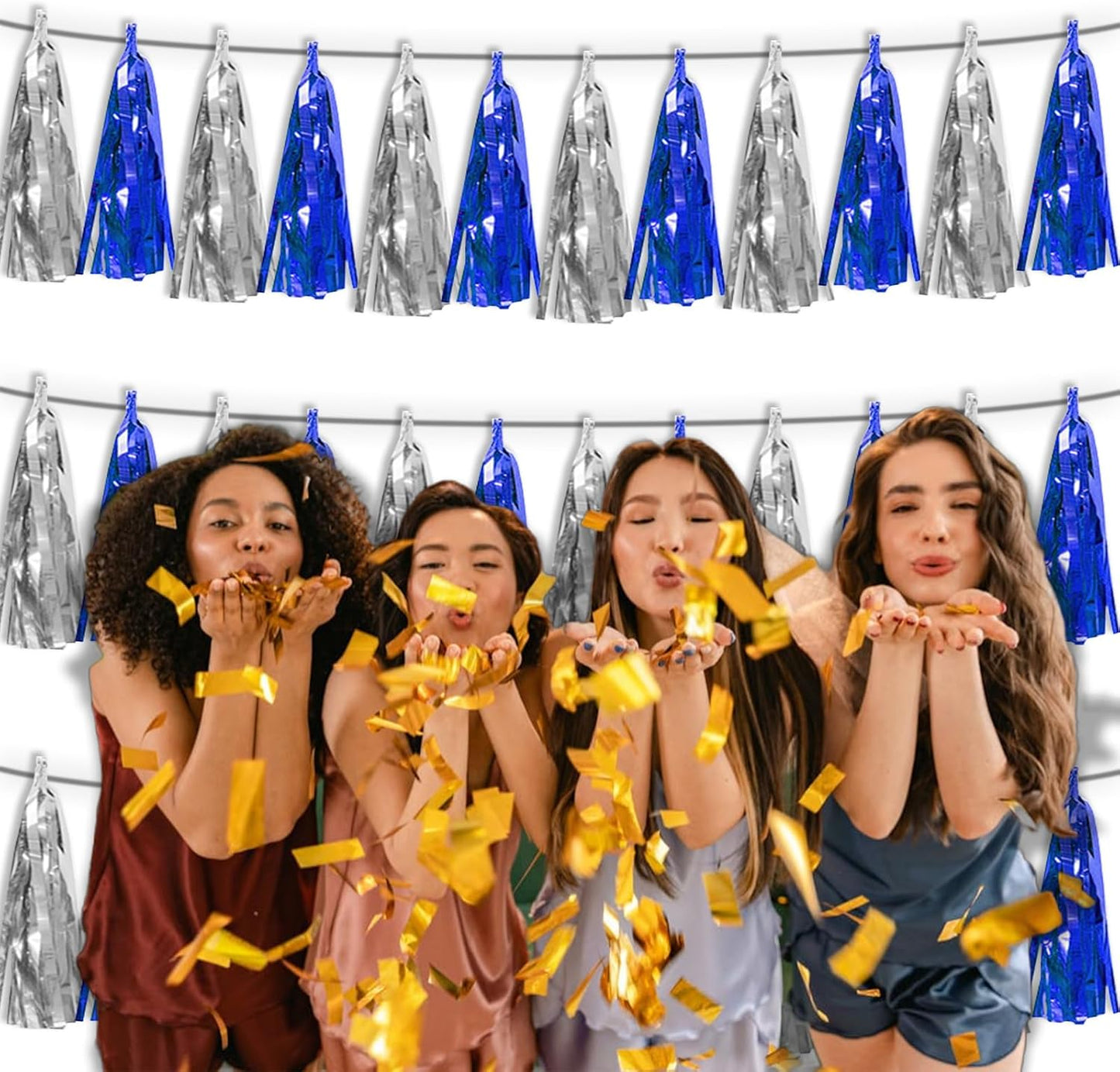 3P Navy-Blue Silver Metallic Fringe Tassel Banner Garland Foil Tinsel Streamer Wall Hanging Curtain Backdrop Banner for Parade Floats, Graduation Bridal/Baby Shower Retirement Party Decorations