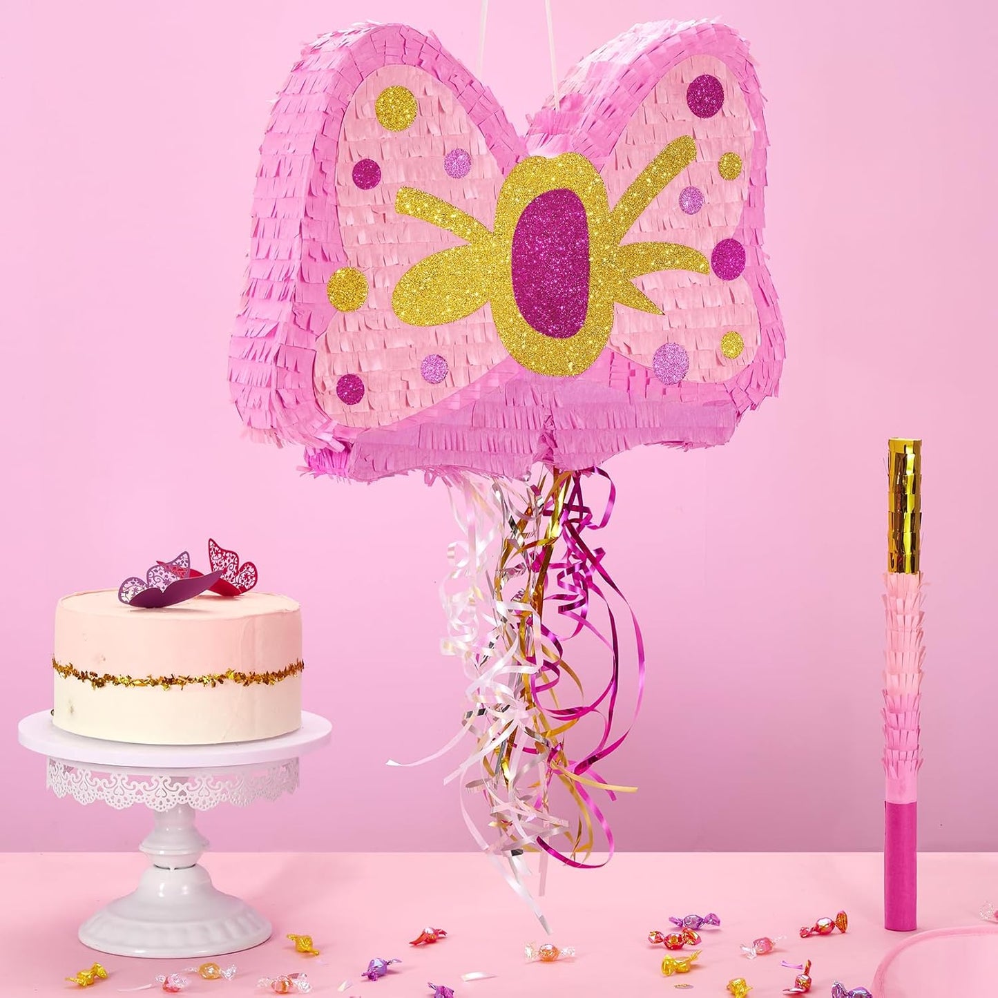 WERNNSAI Pink Bow Piñata - Girls Birthday Party Decoration Bow Tie Piñata with Blindfold and Bat for Kids Princess Theme Party Supplies favors