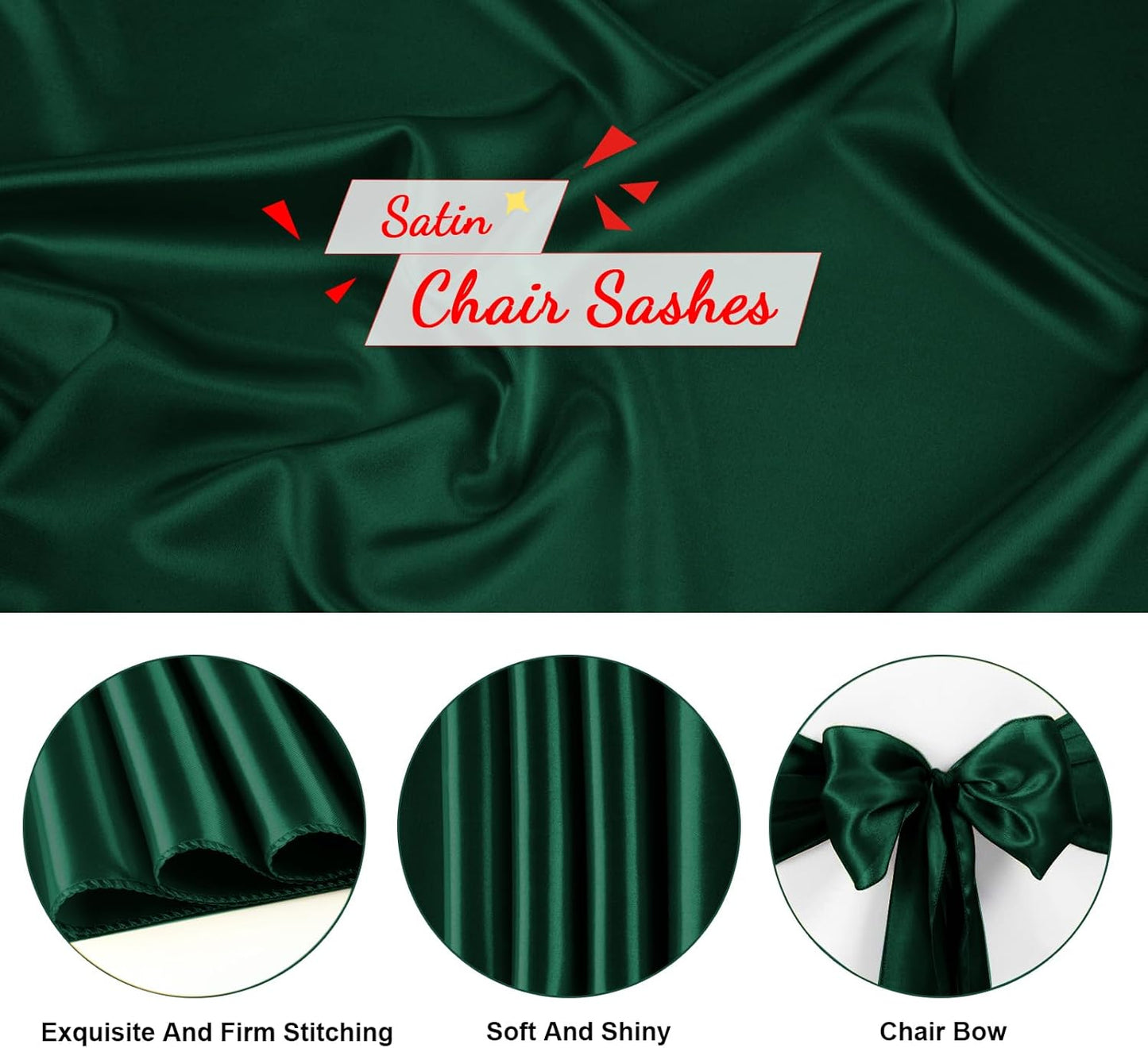 50 PCS Forest Green Satin Chair Sashes Bows Universal Chair Ribbon Ties Back Sash for Wedding Party Reception Events Banquets Hotel Event Chair Cover Decoration (7x108 inch)