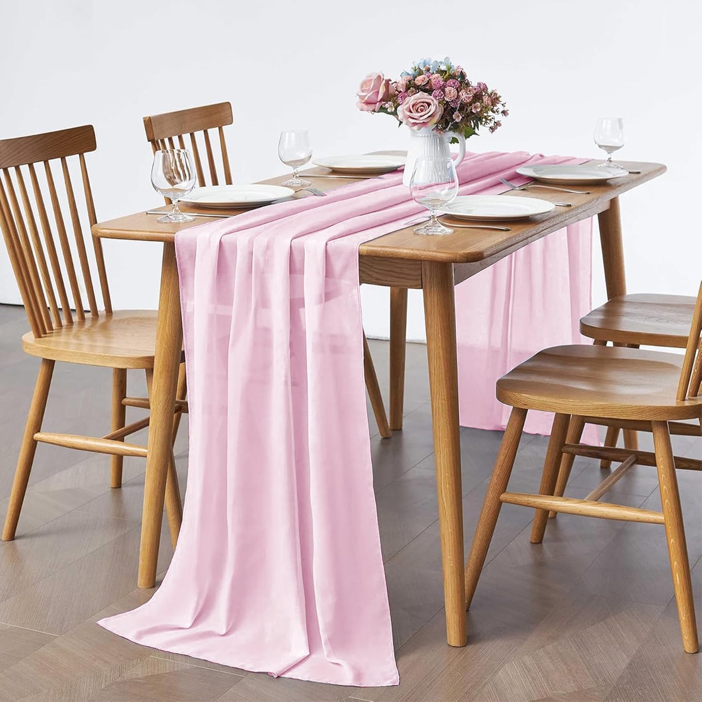 2 Pack 10Ft Blushing Pink Chiffon Table Runner Sheer 29x120 Inch for Romantic Wedding Decor Bridal & Baby Shower Birthday Rustic Party Decoration