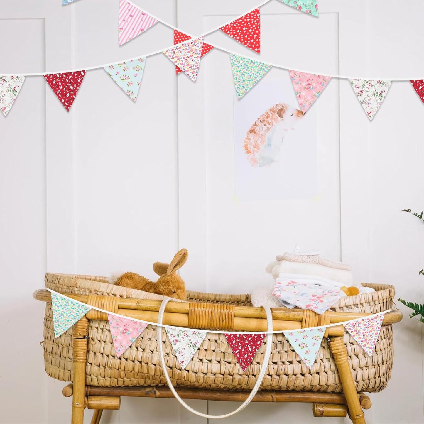 jijAcraft 39Ft Triangle Bunting Banner, 42Pcs Tea Floral Party Bunting Cotton Fabric Flags Pennant Garlands for Birthday Party, Wedding, Baby Shower, Outdoor and Home Decoration(Red Blue and White)