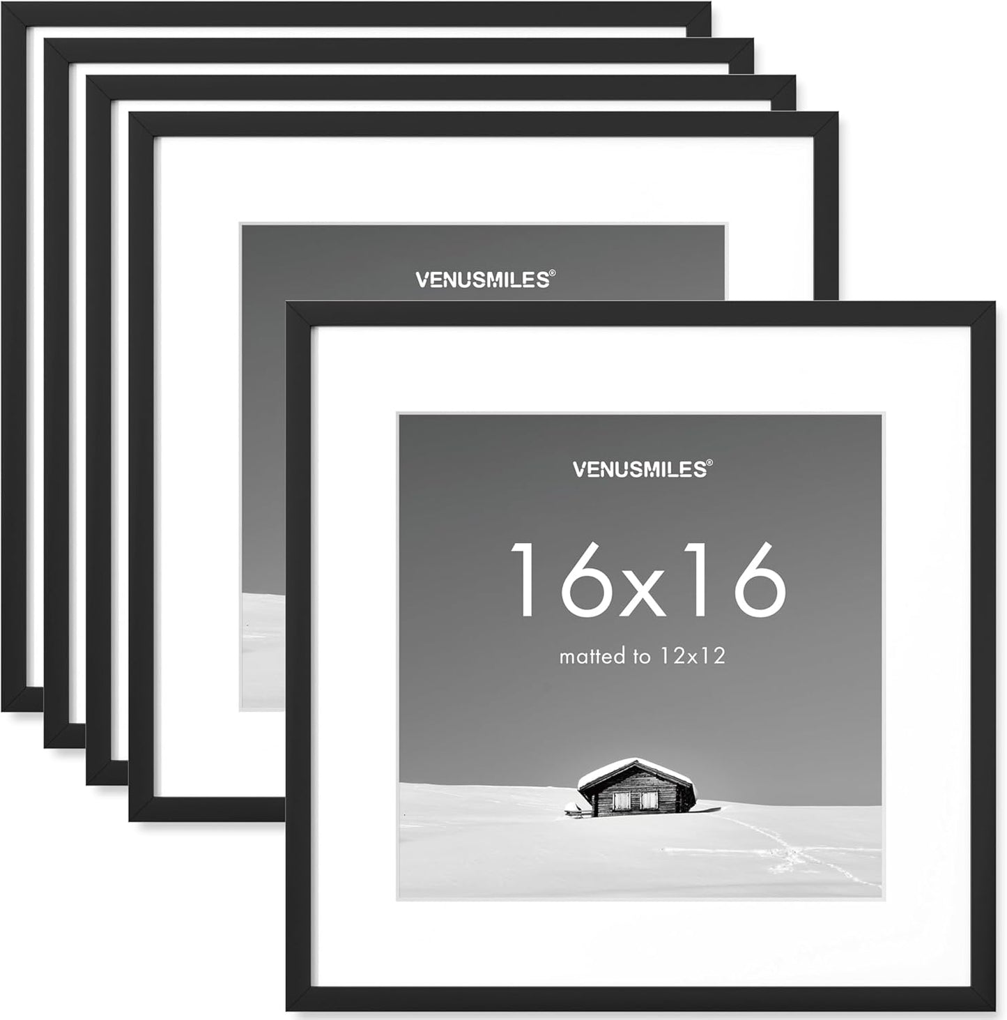 16x16 inch Picture Frame, 16x16 Photo Frames with 12x12 Removable Mat - High Definition Plexiglass - Vertical and Horizontal Display - Wall Hanging Frame - Black, 5 Pack