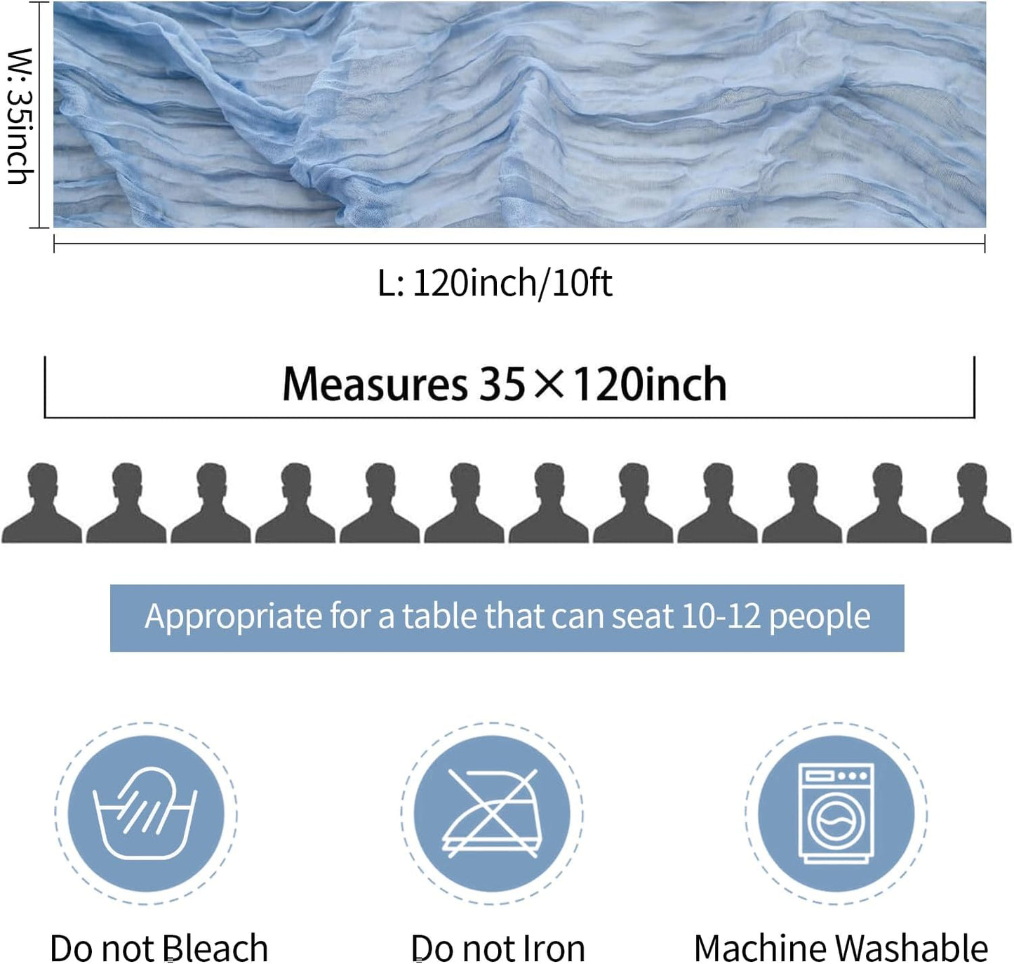 12 Pack Dusty Blue Cheesecloth Table Runners 35x120 Inch,10FT Boho Fall Thanksgiving Blue Gauze Table Runner Cheese Cloth for Wedding Party Baby Shower Home Decorations