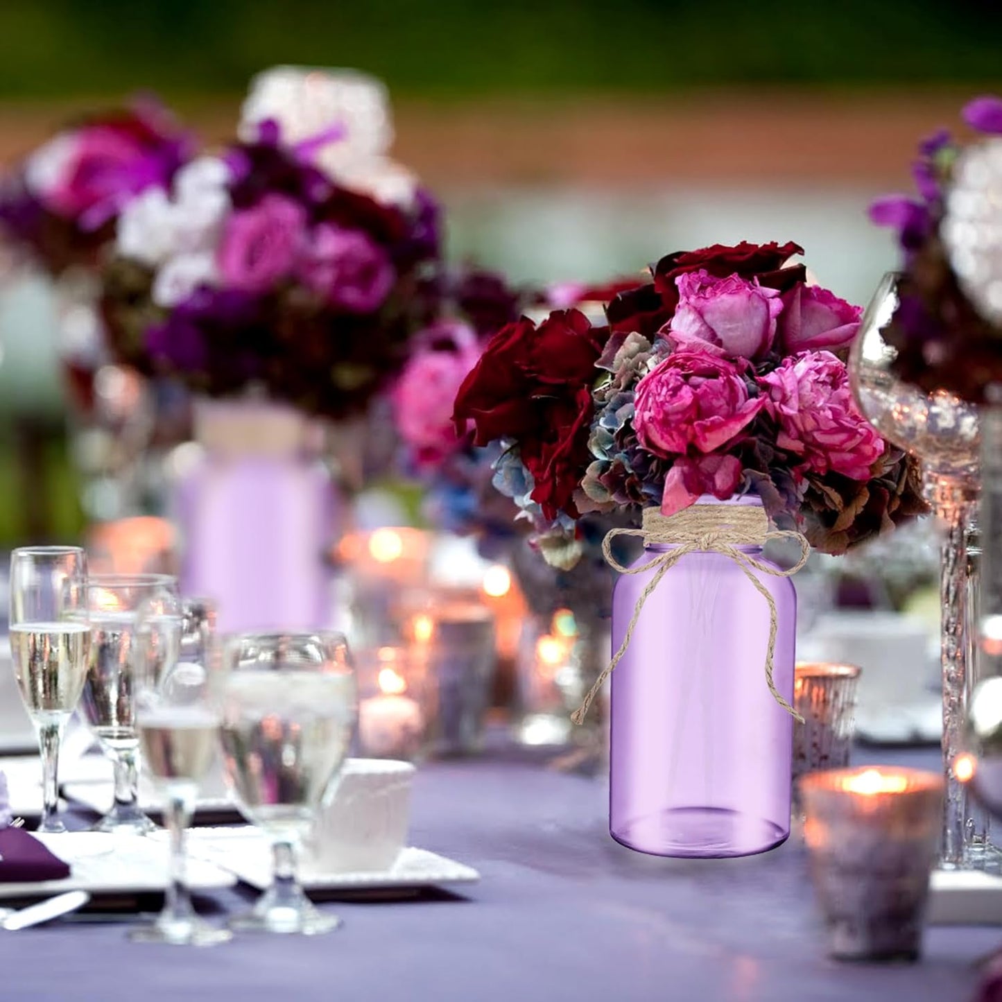 Vintage Glass Flower Vase，6 Pack Farmhouse Purple Glass Centerpiece Vases Mason Jars for Weddings, Parties & Home Decor Bulk (6, Purple)