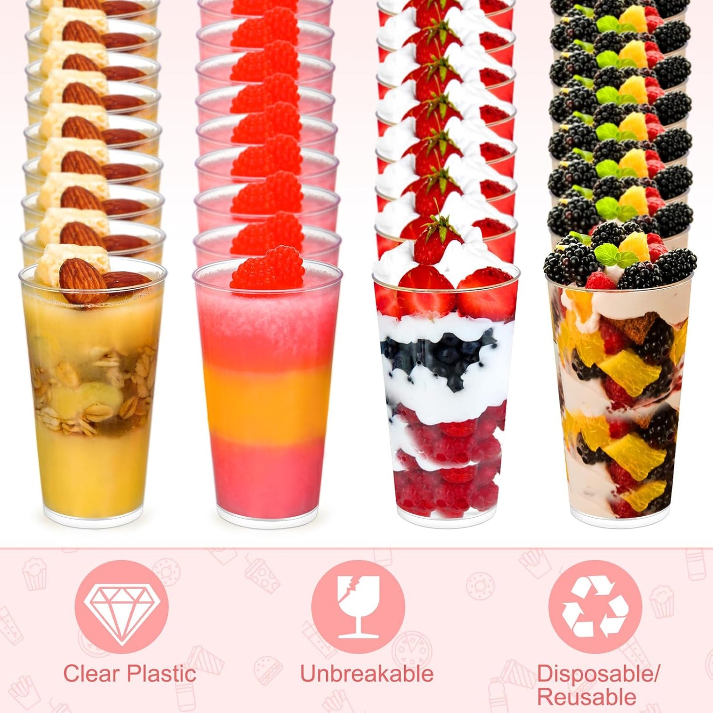 CHENGU 3 oz Clear Plastic Mini Dessert Cups with Spoons - Round Parfait Appetizer Cups, Shot Glasses, Disposable Tall Tumbler for Dessert Tasting Party supplies (200 Pieces)