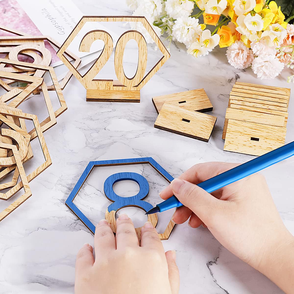 Wooden Table Numbers, Hexagon Shape 1-20 Wedding Table Numbers with Holder Base Rustic Hollow Out Wood Table Numbers Card for Wedding Party Event Catering Decoration (Hexagon)