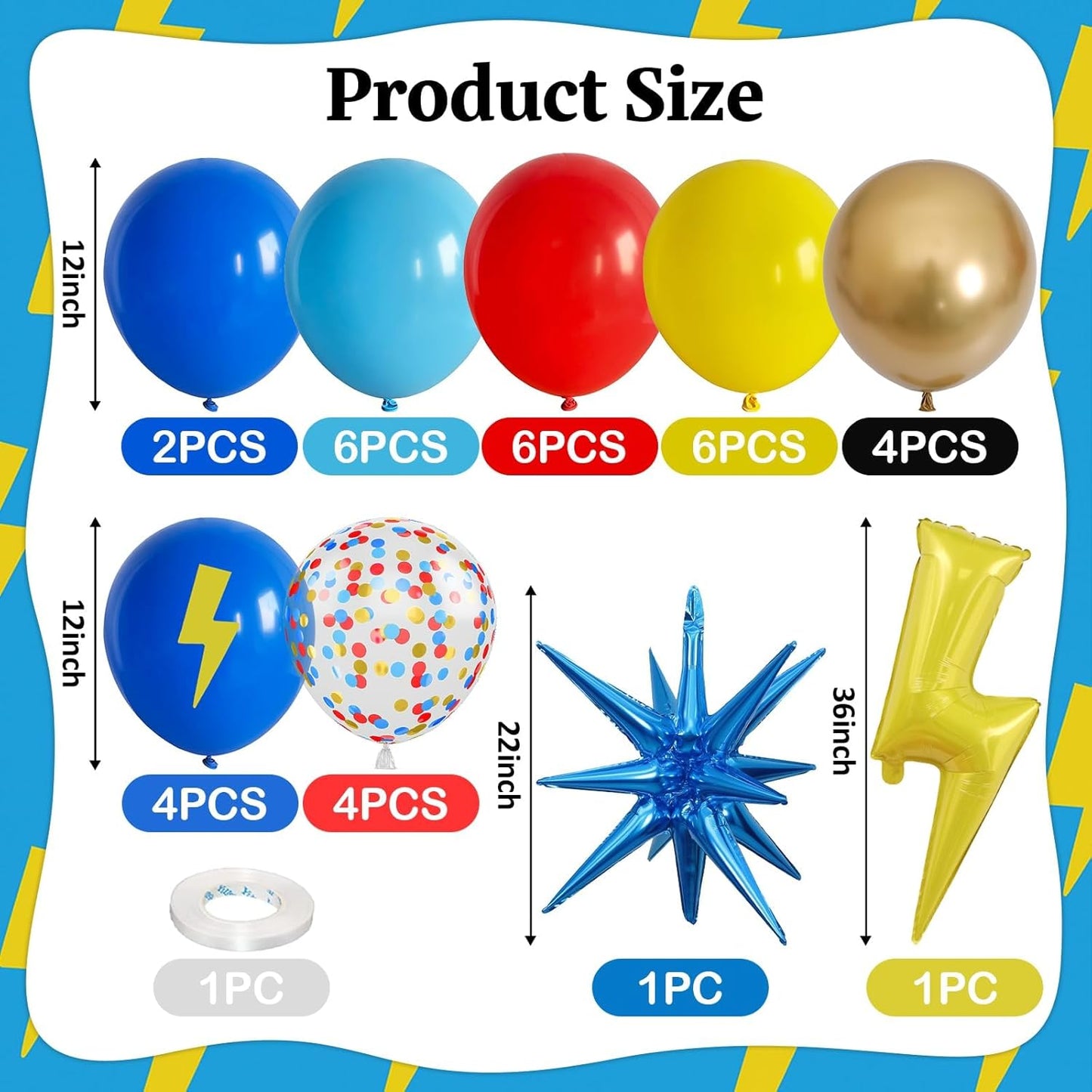 Red Yellow Blue Balloons,Cartoon Theme Balloons with 36 Inch Lightning and 22 Inch Star Foil Balloon, Red Blue Yellow Confetti Lightning Printed Balloon for Kids Boys Anime Party Carnival Circus Decor