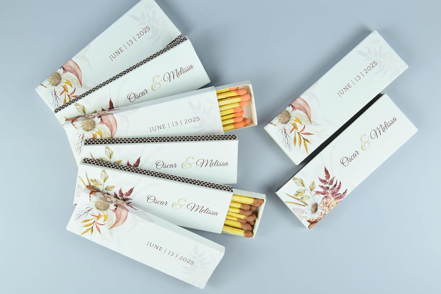 10 Boxes - Customized Matchboxes Colorful Tips (Wedding Design #5, 4" Matchboxes) (4" Matchsticks, Wedding Design #4)