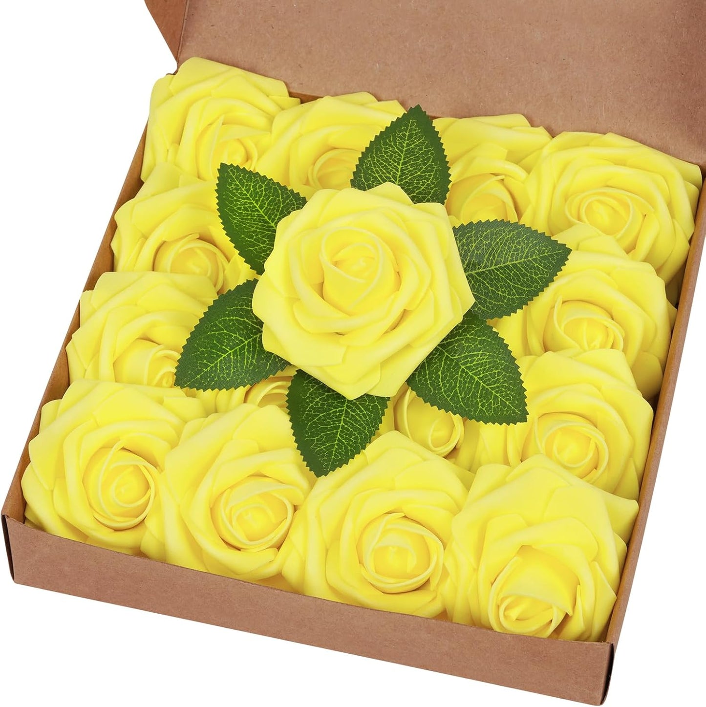 BLEUM CADE 16Pcs Artificial Flowers Fake Roses with Stems, Yellow Boxed Foam Roses for DIY Bouquets Centerpieces Wedding Party Arrangement Bridal Shower Decor