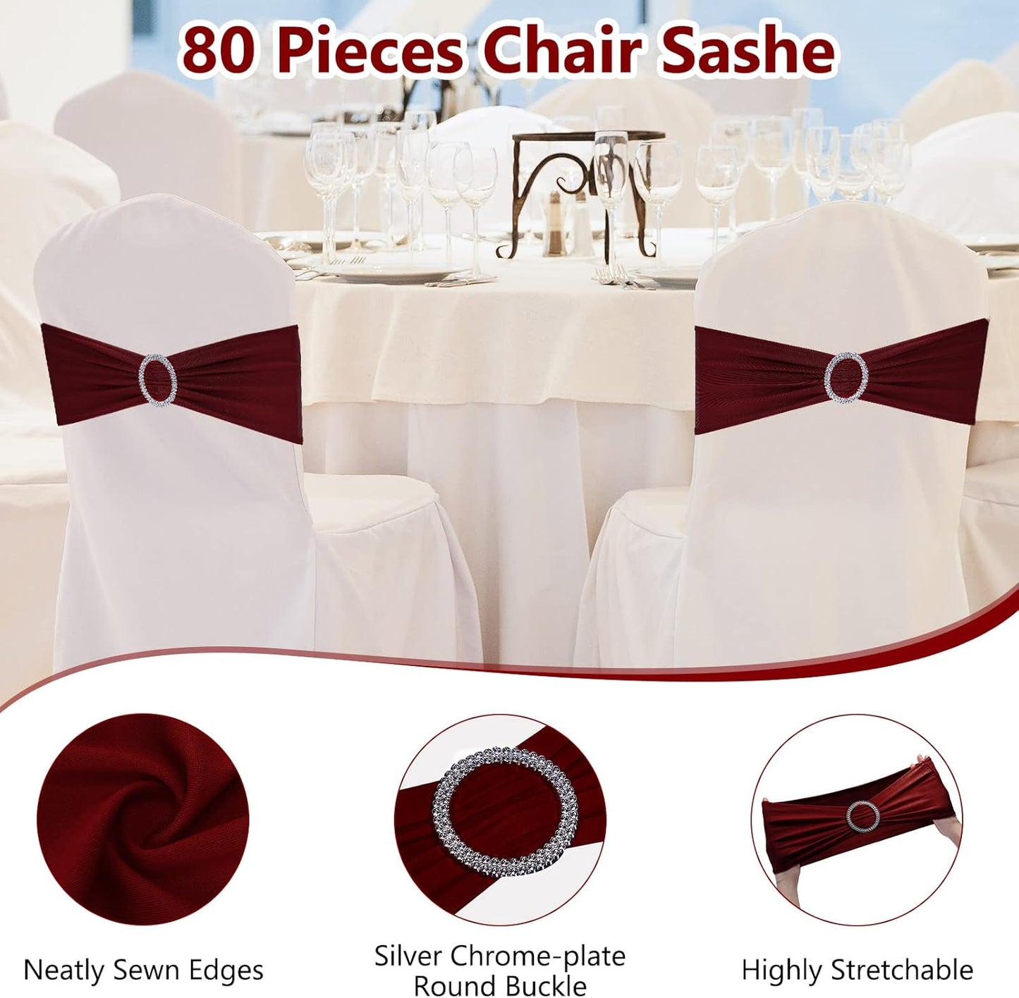 CHENGU 150 Pieces Spandex Stretch Chair Sashes Bows Elastic Chair Cover Bands Ties with Buckle Slider for Wedding Party Reception Events Universal Ceremony Banquet Decorations(Burgundy)